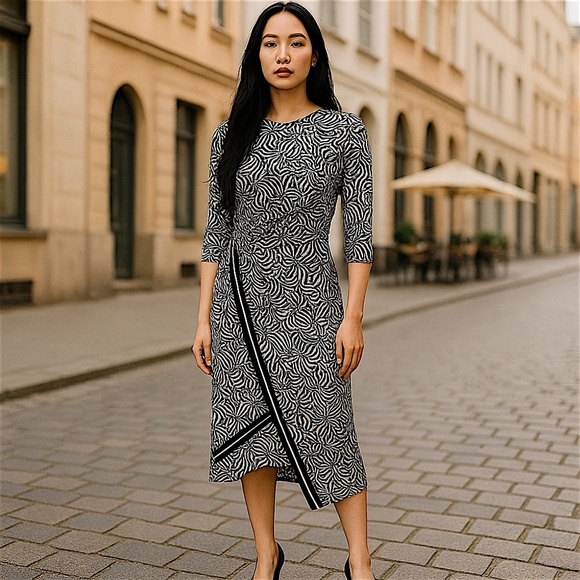 MICHAEL Michael Kors Zebra Asymmetrical Border Midi Dress (Black/White) SM & SP - Picture 1 of 7